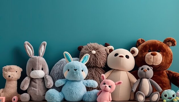 room with plush toys advertising banner background, empty space for text, commercial template,  (created with Generative AI)