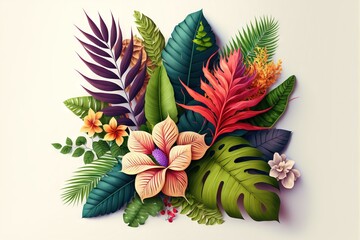  a bouquet of tropical flowers and leaves on a white background with a place for text or a picture of a bouquet of tropical flowers and leaves on a white background.  generative ai