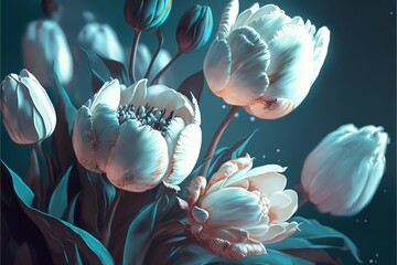  a bunch of flowers that are on a blue background with a black background and a blue sky in the background with a few white flowers.  generative ai