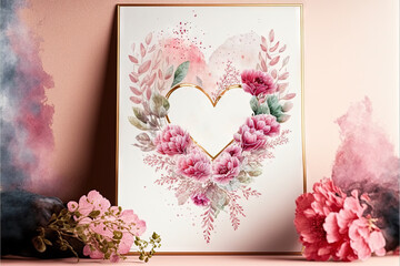  a card with a heart surrounded by pink flowers and greenery on a pink background next to a pink carnation and pink carnations.  generative ai