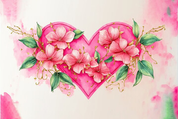  a painting of a heart with pink flowers on a white background with green leaves and pink flowers on the side of the heart, with pink watercolor background.  generative ai