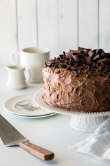 A large homemade low sugar low carb chocolate cake, ready for serving.