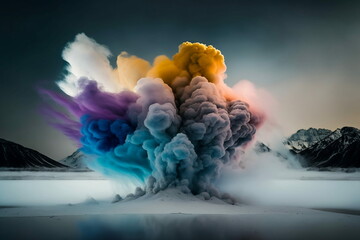 Paisaje natural con humo multicolor, montañas, árboles y cielo creado con IA generativa