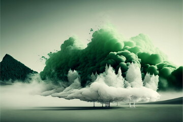 Paisaje natural con humo color verde, montañas, árboles y cielo creado con IA generativa
