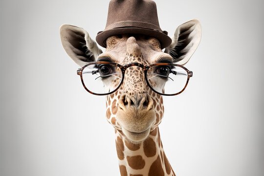  a giraffe wearing glasses and a hat with a hat on it's head and a pair of glasses on its face,.  generative ai