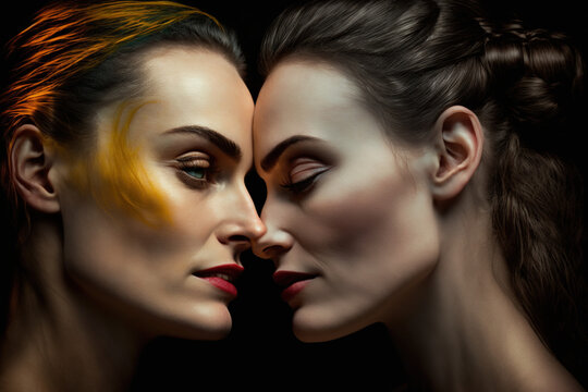 Sweet moment of sensual intimacy between gay girlfriends. LGBT and gay concept. Close a kiss of a lesbian couple. Detail of the lips of two women about to kiss on black background, Generative ai
