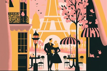 a man and a woman are standing in front of the eiffel tower, paris, france, in a retro fashion illustration by a window.  generative ai