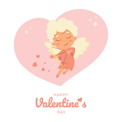 Cupid Love silhouette with bow and arrow. Valentines day banner. Vector flat illustration