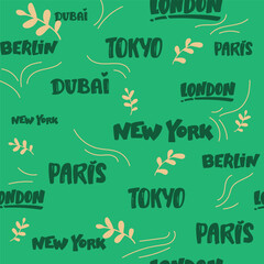 Cities of the world seamless patterns. Vector Typography background. Words in the English language.