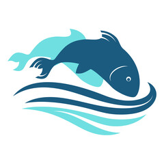 Two fish over blue waves, a symbol for sea food and fishing