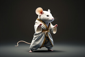 Cute white mouse in kimono doing karate poses.