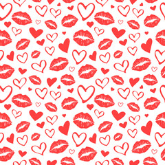 Seamless pattern made up of different red hearts and lipstick female prints for Valentine's day. Endless repeating texture with different red colored female lips and various hearts. - obrazy, fototapety, plakaty