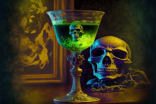 A glass of green liquid with a skull in it.