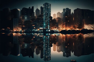  a city skyline is shown with a lake in the foreground and a boat in the water in front of the skyline at night time.  generative ai