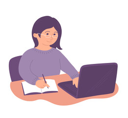 A young student girl is studying at a table with a laptop. Write information in a notebook. Online training, webinar. Flat vector illustration isolated on white background