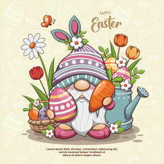 Happy Easter With Cute Gnome, Watering Can, Flowers, And Egg Basket Of Easter. Cartoon Illustration