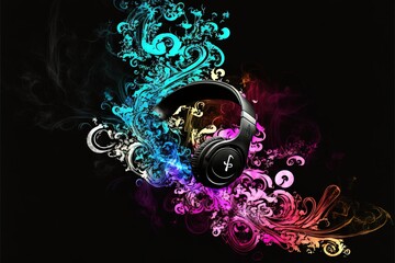  a pair of headphones with colorful swirls on a black background with a black background and a black background with a white and blue swirl.  generative ai