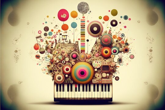  a piano with a bunch of different things on it's head and a musical instrument in the middle of the image with a lot of circles and dots.  generative ai