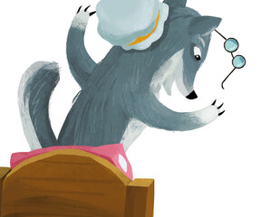 cartoon scene with evil wolf spying in bed illustration for children