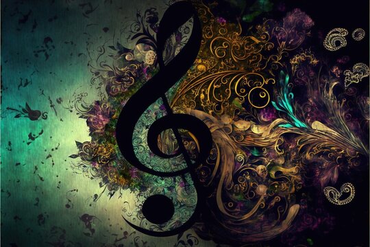  a music note with a floral design on a green background with a blue and yellow swirl and a green and purple swirl with a blue swirl.  generative ai