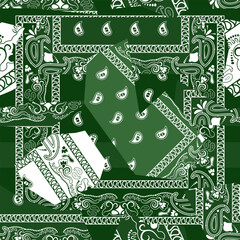 Green bandana kerchief paisley fabric patchwork abstract vector seamless pattern