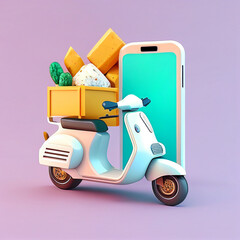Food Delivery Service on Phone, Transport by scooter 3d rendering