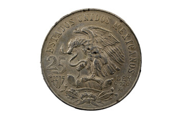 Anverso de la Moneda de 25 pesos Plata XIX juegos Olímpicos México 1968 Aguila devorando una serpiente encima de un nopal.