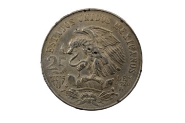 Anverso de la Moneda de 25 pesos Plata XIX juegos Olímpicos México 1968 Aguila devorando una serpiente encima de un nopal.
