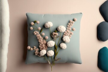  a pillow with a bunch of flowers on it next to a pair of blue shoes and a vase with flowers on the side of the pillow.  generative ai