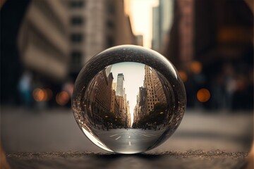  a glass ball sitting on the side of a road next to a city street with tall buildings in the background and a reflection of a building in the glass ball.  generative ai