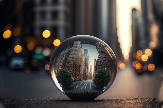  a glass ball sitting on the side of a road with a city in the reflection of the glass ball on the side of the road.  generative ai