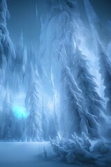 Abstract fantasy glacial winter cold neon landscape. Winter snowy landscape. Winter background, ice, Ice magic portal, light entrance. North polar relief. 3D illustration - generative ai