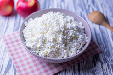 dairy product cottage cheese in a plate with a glass of milk and apples on a wooden background