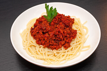 Spaghetti Bolognese pasta with tomato sauce and meat