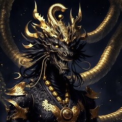 Portrait of a statue of the demon lord of dragons made of sincere gold, black matte material and black matte stone. Ai generative. Digital painting concept art.