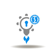 Vector illustration of bulb rocket fire flame with keyhole and coin. Icon of startup, crowdfunding. Symbol of venture capital.