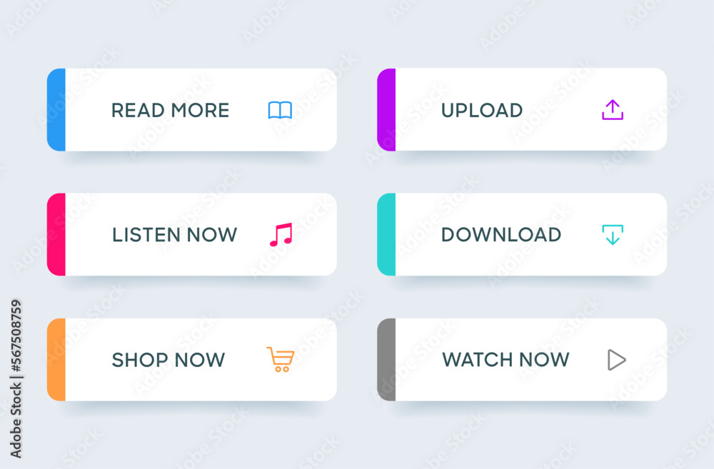 Aufkleber 3d click here web buttons. Set of action button, hand cursor and arrow pointing click link buttons. Add to cart, shop now, download buttons. Online shopping icons for UI UX website, mobile app.