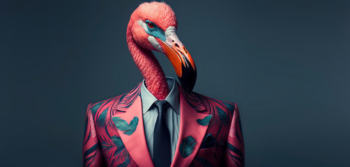Flamingo dressed in a formal business suit. anthropomorphic businessman. Generative AI