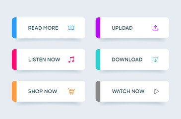 3d click here web buttons. Set of action button, hand cursor and arrow pointing click link buttons. Add to cart, shop now, download buttons. Online shopping icons for UI UX website, mobile app.