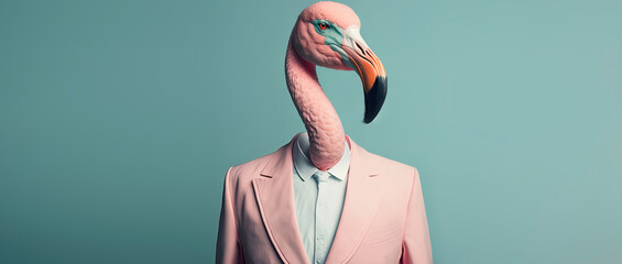 Flamingo dressed in a formal business suit with a pastel background. anthropomorphic businessman. Generative AI