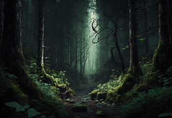 Obraz premium The Gloomy, Unforgiving Wilds of an AI-Generated, Macabre Forest