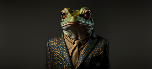 Frog dressed in a formal business suit. anthropomorphic businessman. Generative AI