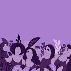 Ilustración del 8 de Marzo Dia Internacional de la Mujer. Grupo de diferentes mujeres. Lugar para el texto. Con fondo. - obrazy, fototapety, plakaty