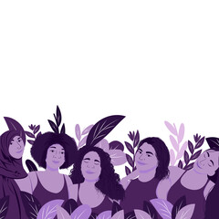 Ilustración del 8 de Marzo Dia Internacional de la Mujer. Grupo de diferentes mujeres con rostro. Lugar para el texto, sin fondo.