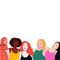 Ilustración colorida del 8 de Marzo Dia Internacional de la Mujer. Grupo de diferentes mujeres con rostro. Lugar para el texto, sin fondo.