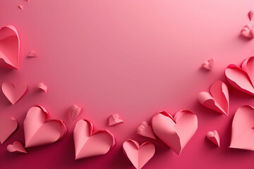 Valentine day greeting concept. Red hearts frame on blue background top view. Flat lay style.