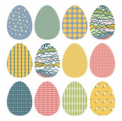 Colorful Easter eggs with modern patterns. For the decoration of the celebration of Easter. Vector illustration isolated on white background.
