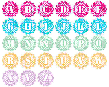 Papel picado, abecedario en blonda de diferentes colores