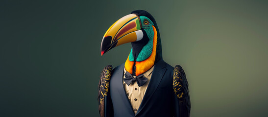 Toucan dressed in a formal business suit. anthropomorphic businessman. Generative AI