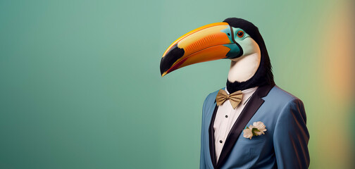 Toucan dressed in a formal business suit with a pastel background. anthropomorphic businessman. Generative AI